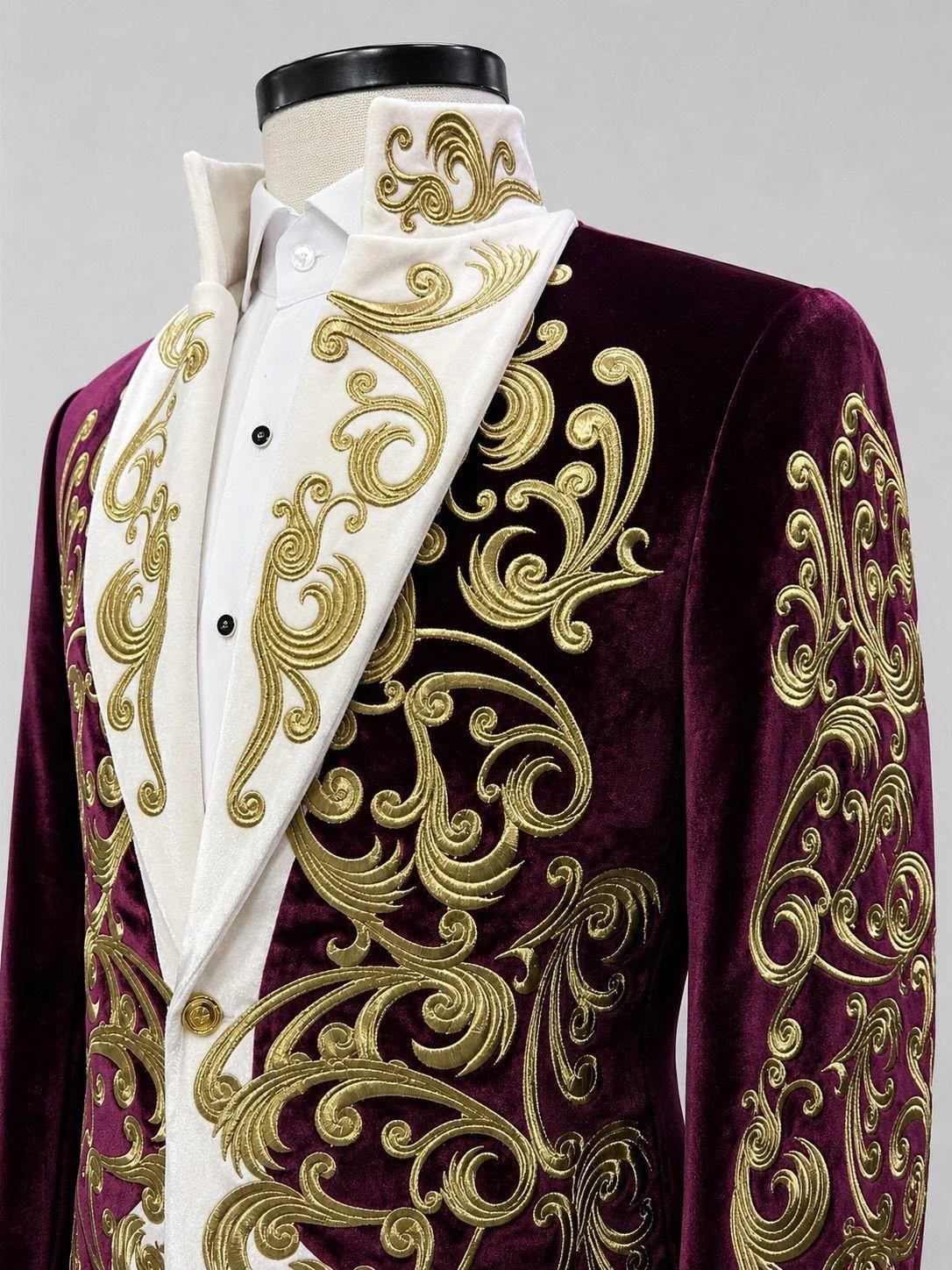 Burgundy Velvet Gold Embroidered Tuxedo — view 1