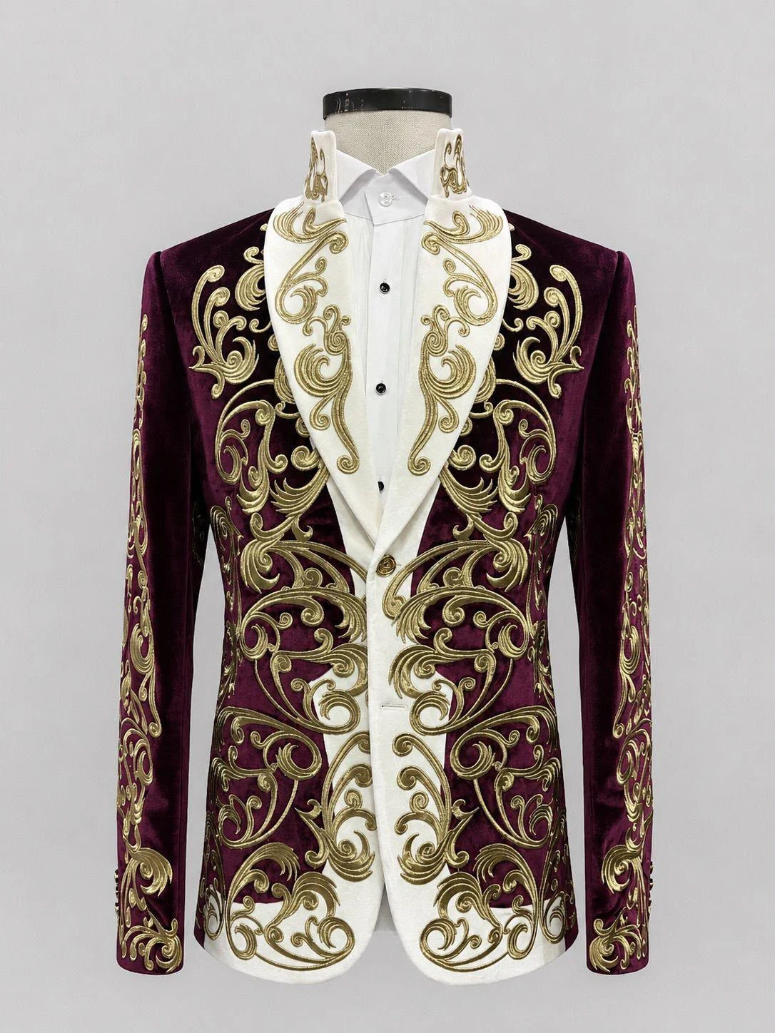 Burgundy Velvet Gold Embroidered Tuxedo — view 2