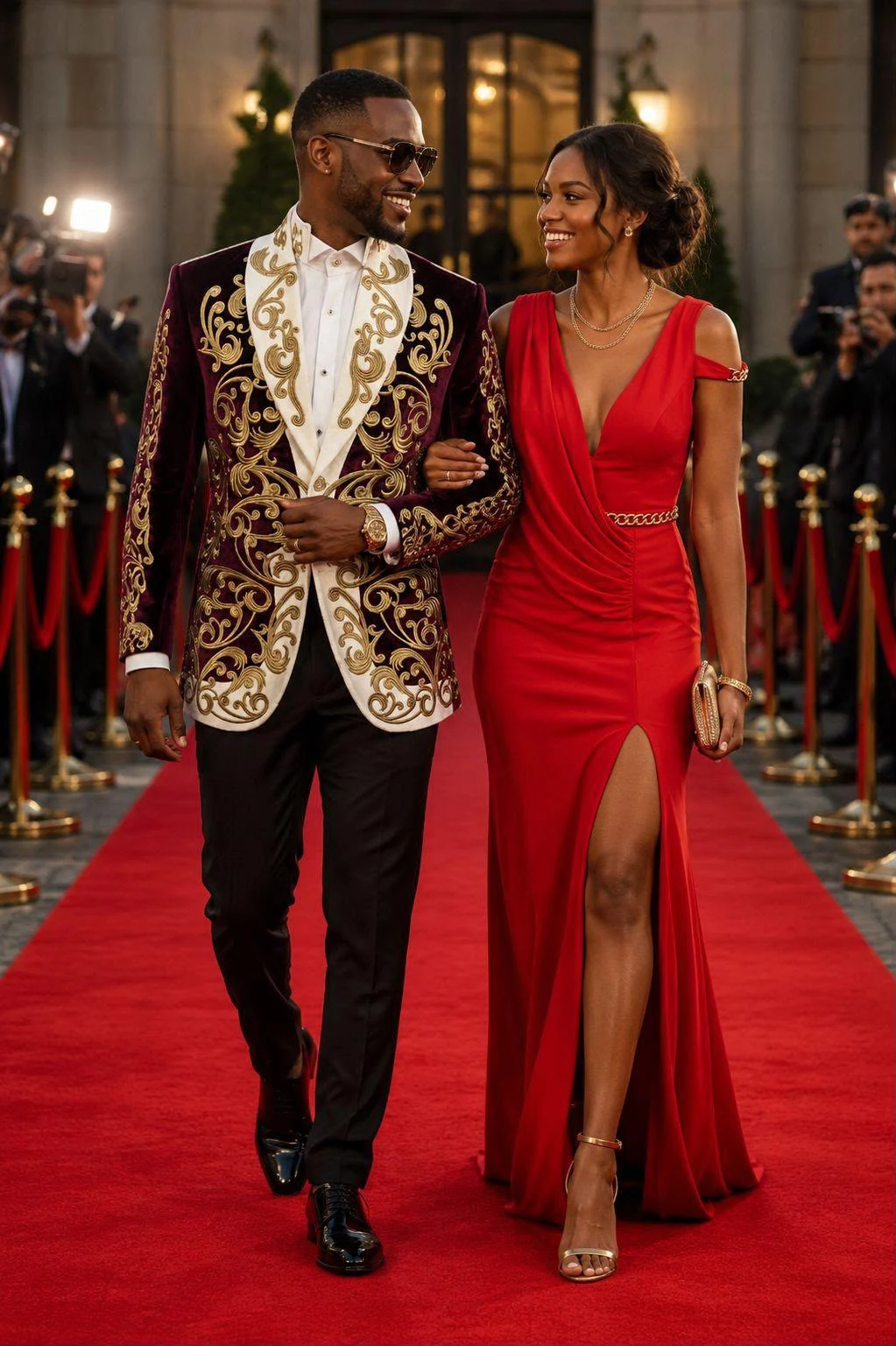 Burgundy Velvet Gold Embroidered Tuxedo — view 3