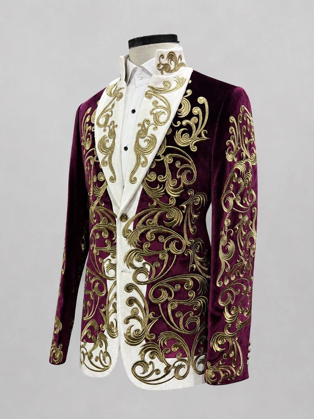 Burgundy Velvet Gold Embroidered Tuxedo — view 4
