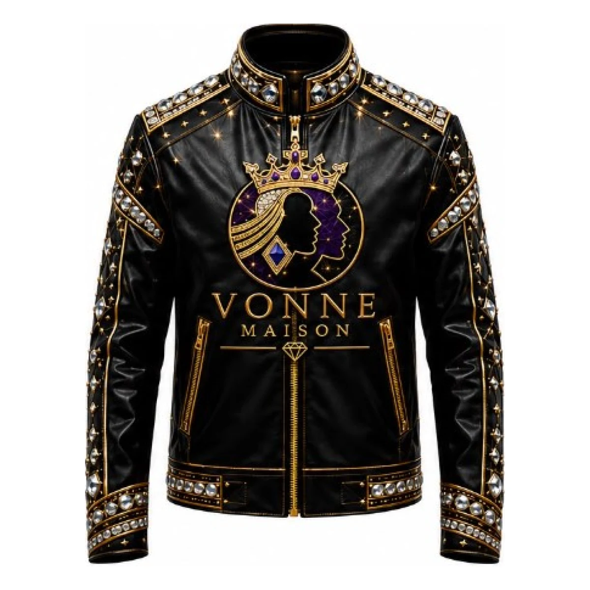 Crystal Crown Leather Jacket — front view